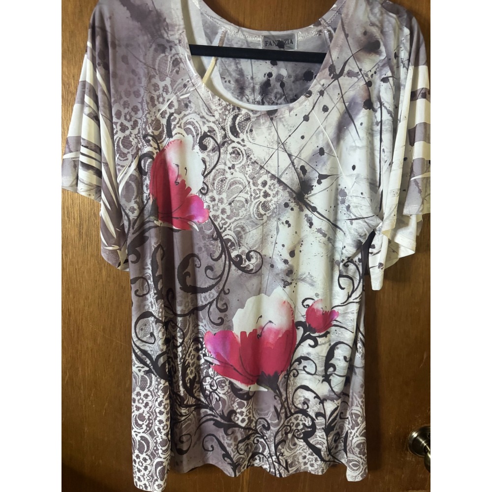 Fantazia Womens Floral Abstract Print Scoop Neck Short Sleeve Tunic Top Pink